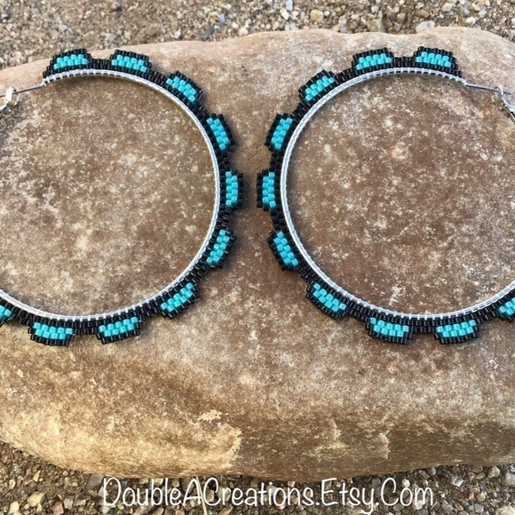 Turquoise Beaded Hoops, New, Handmade by Me - Picture 3 of 14